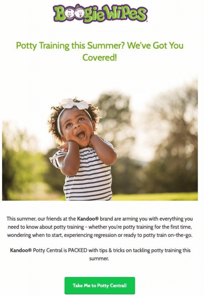 Boogie Wipes uses CinchMail to serve relevant content to its email subscribers, including tips on potty training in the summer, as shown here. 