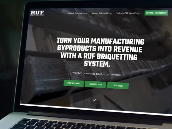 RUF Briquetting website homepage mocked up on laptop