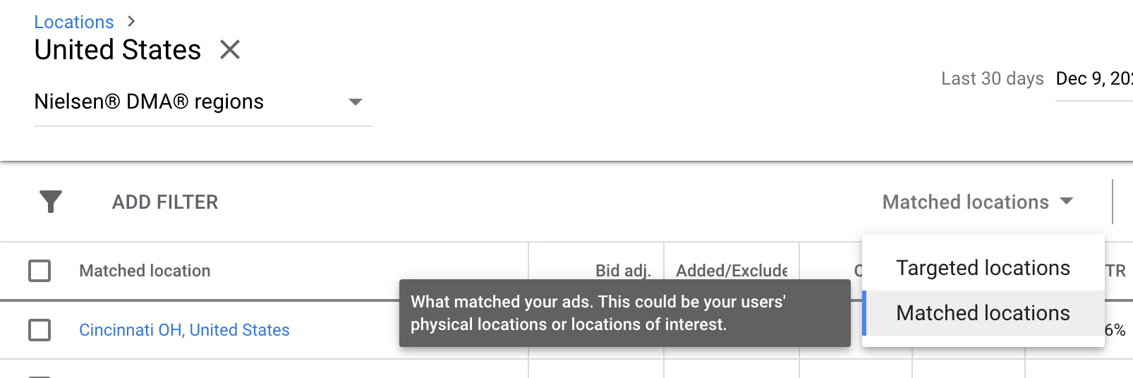 filter according to location in Google Ads