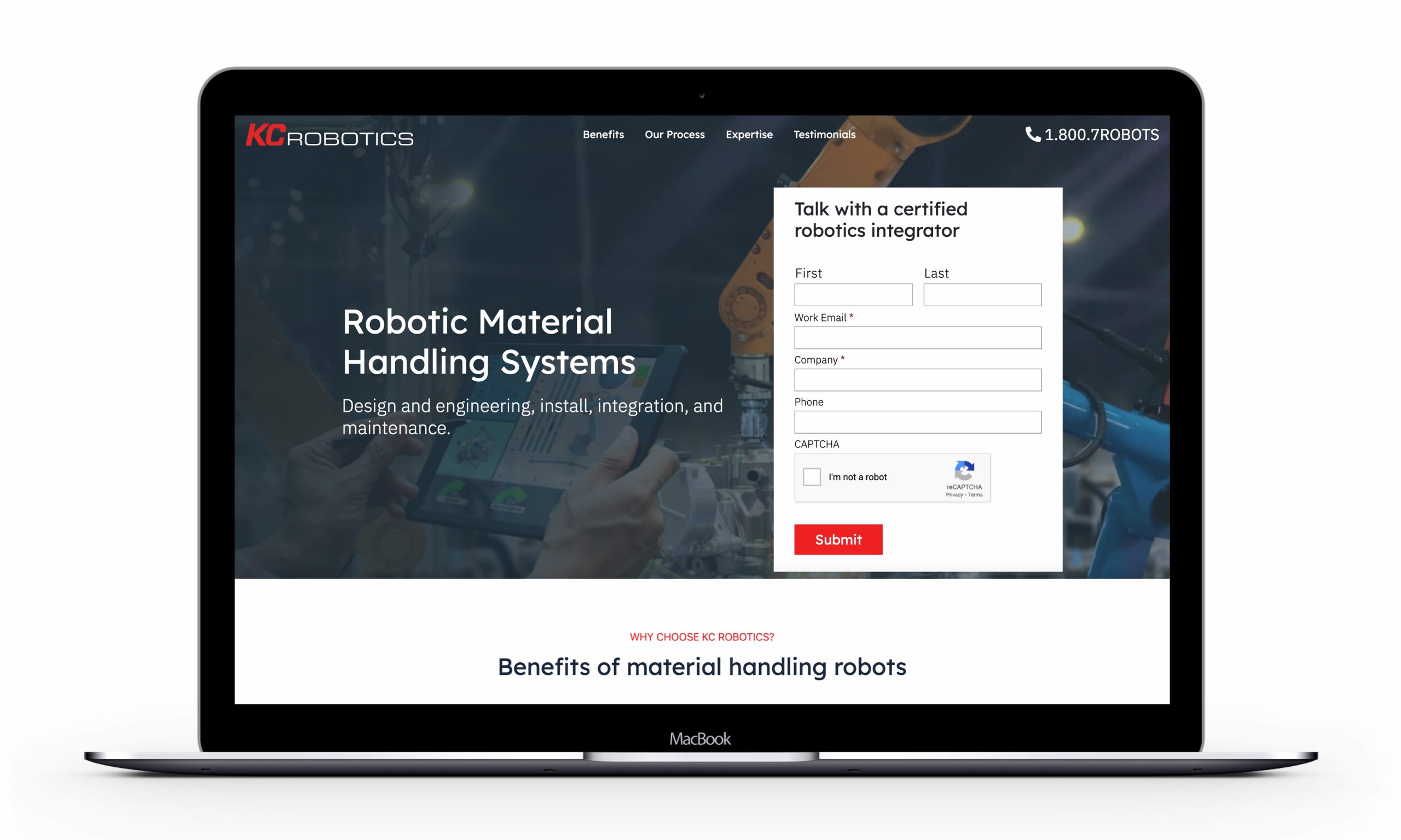 A large, engaging hero image highlighting KC Robotics' services on their landing page.