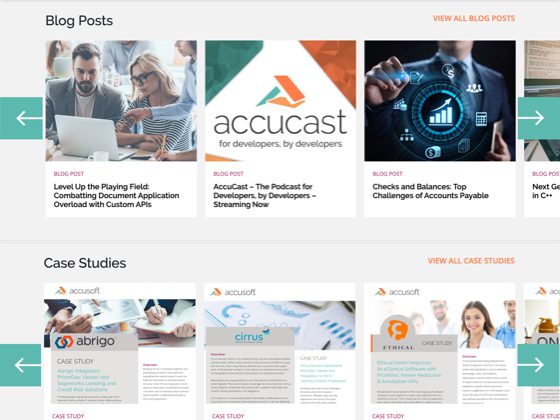 Image of Accusoft webpage with Case Study and Blog Post listings.