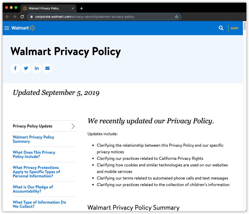 Walmart privacy policy example